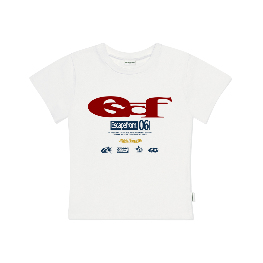 이스케이프프롬 ESCF 로고 콜라주 프린트 슬림핏 반팔티 아이보리(Escapefrom ESCF Logo Collage Print Slim Fit Short Sleeve T-shirt Ivory)