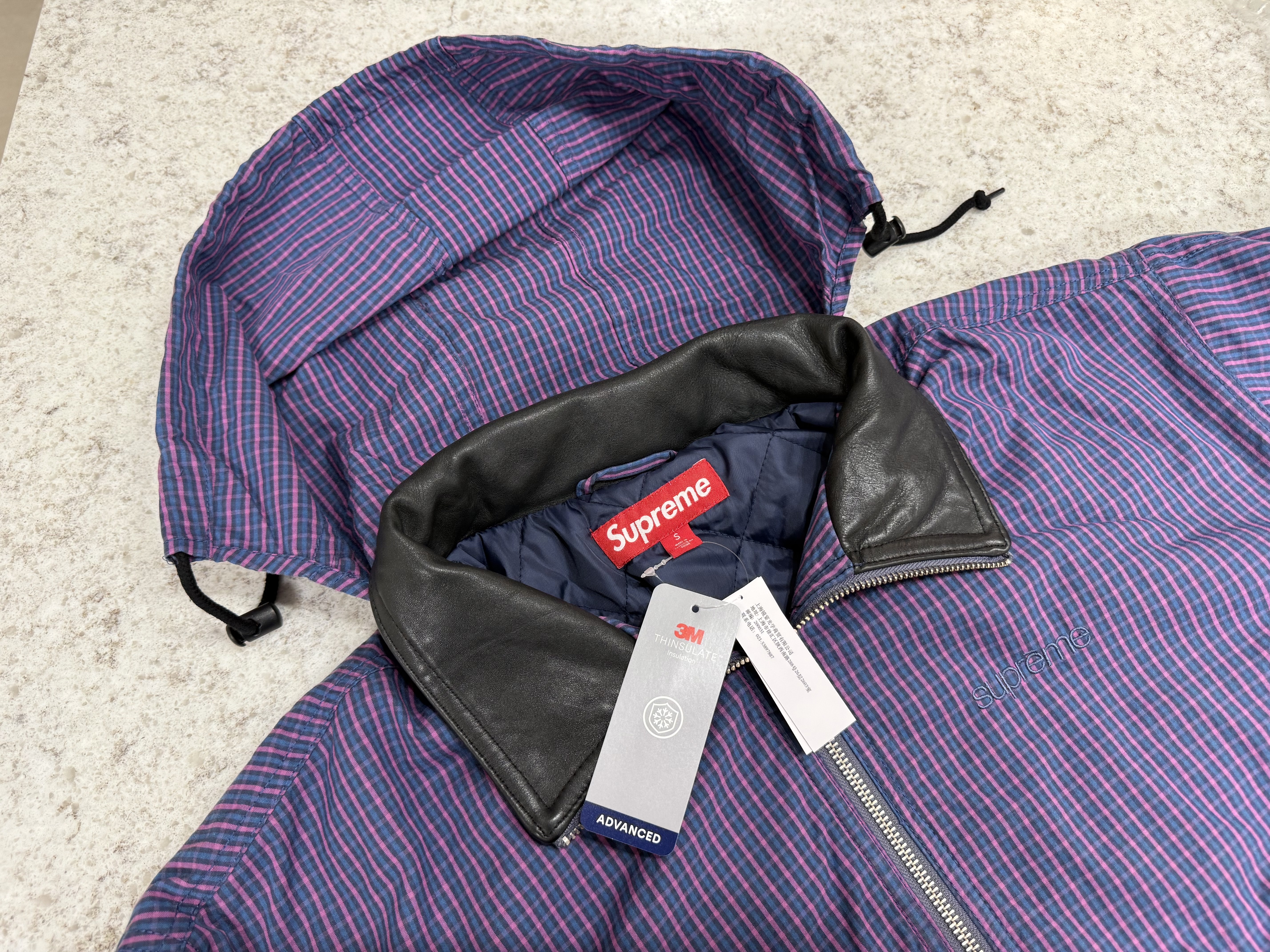 Supreme Leather Collar Utility Jacket Blue Plaid - 25SS 착용 스타일 - 2