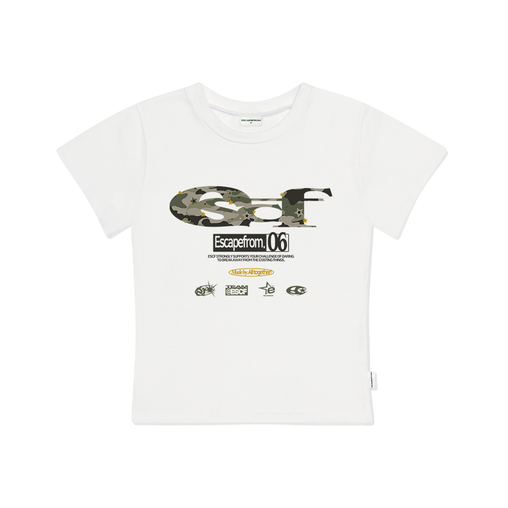 이스케이프프롬 스타 카모 ESCF 로고 콜라주 프린트 슬림핏 반팔티 아이보리(Escapefrom Star Camo ESCF Logo Collage Printed Slim Fit Short Sleeve Ivory)