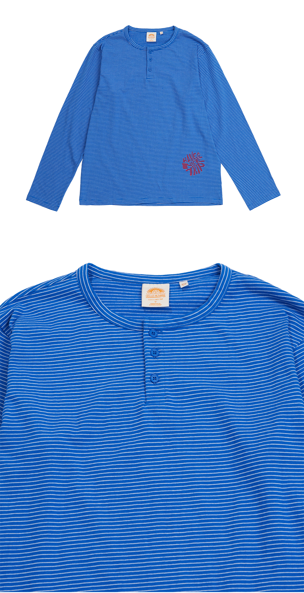 【HELLO SUNRISE】 Henley Neck Stripe LS Tee / 追跡付 헬로선라이즈 헨리넥 스트라이프 LS 티 블루 | Hello Sunrise