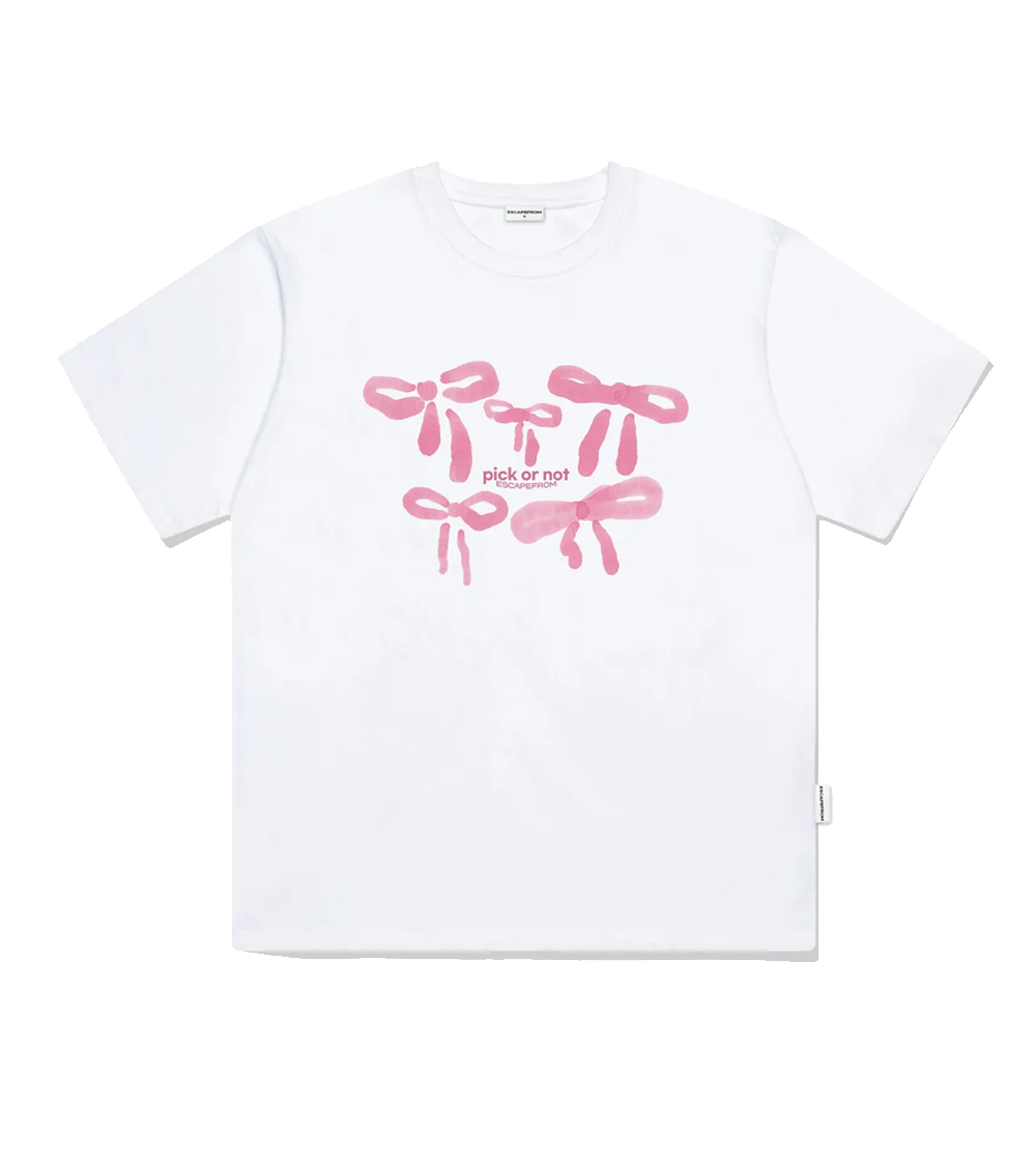 E251OTS113WH Escapefrom Water Ribbon Printed Over Fit Short Sleeve White