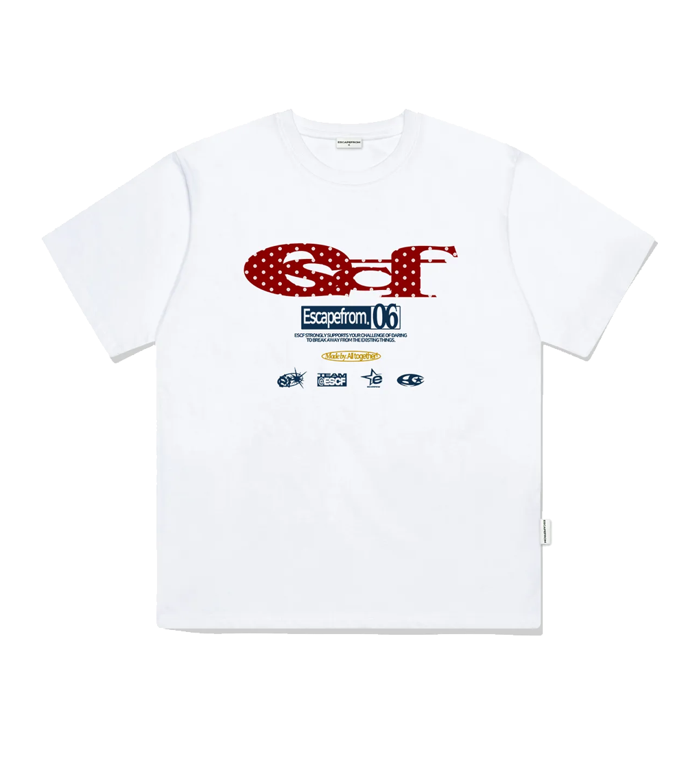 E251OTS157WH Escapefrom Red Dot ESCF Logo Collage Printed Over Fit Short Sleeve White