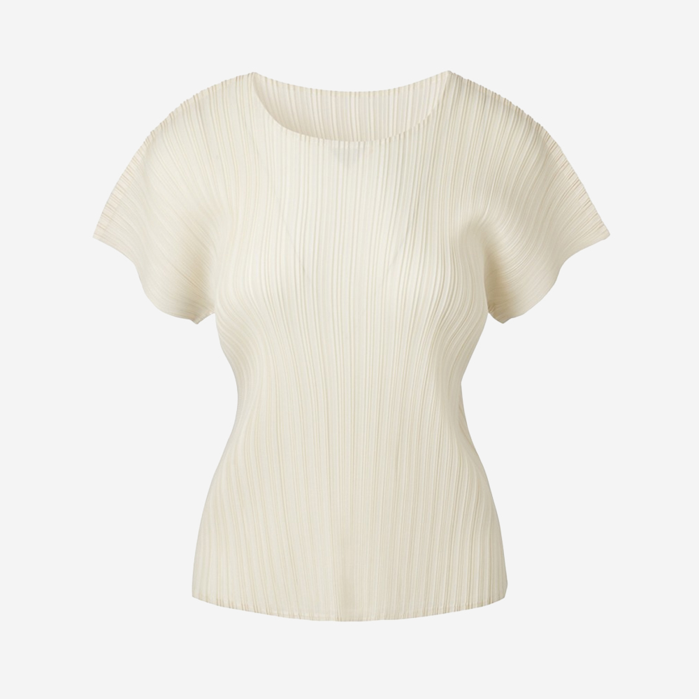 몽플리쎄 여자 기본 라운드넥 반소매 플리츠 탑 아이보리(Monplisse Women Basic Round Neck Pleats Top Ivory) - 2