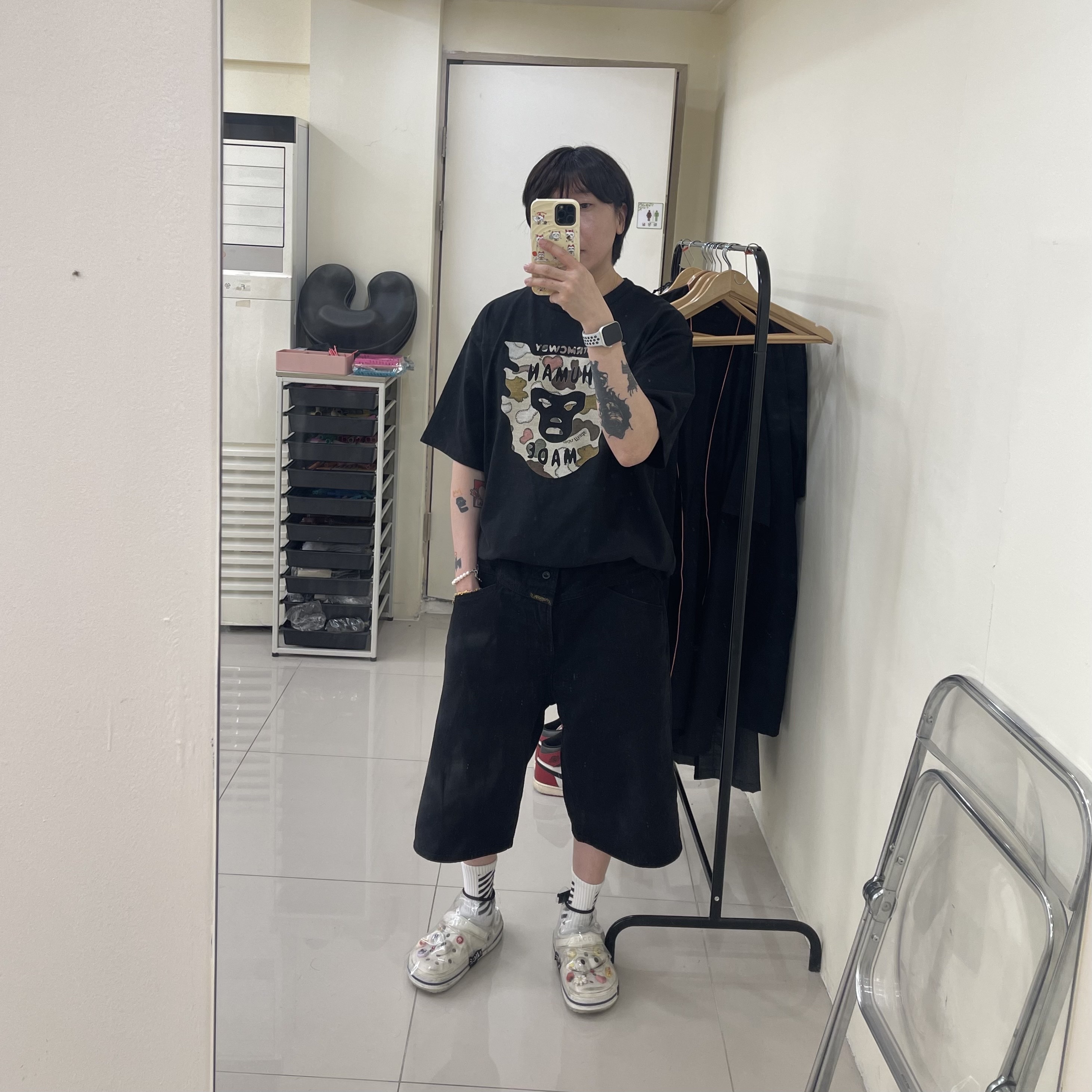 Human Made x Kaws Graphic T-Shirt #2 Black, Supreme x Marithe Francois Girbaud X-Seam Baggy Denim Shorts Black - 25SS 착용 스타일