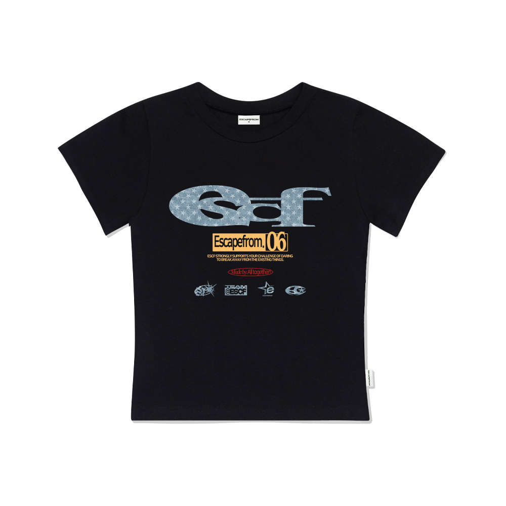E251STS020BK Escapefrom Star Denim ESCF Logo Collage Printed Slim Fit Short Sleeve Black
