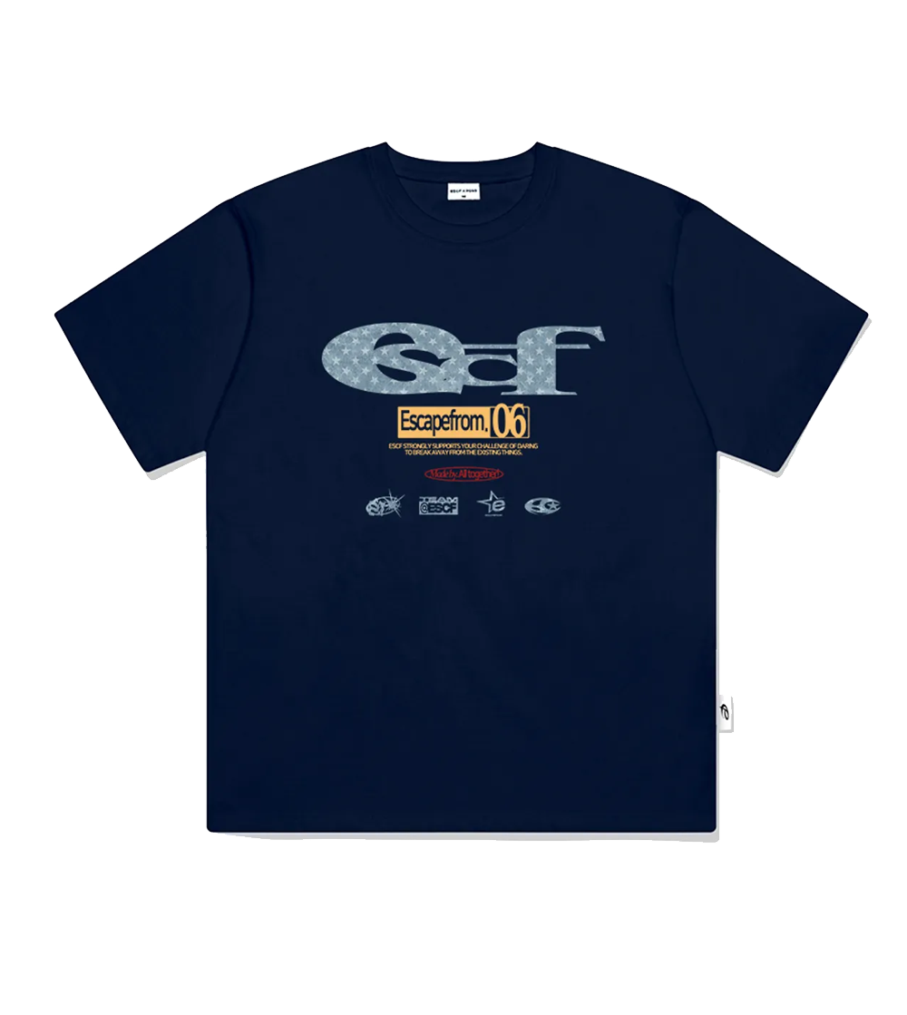 E251OTS171NV Escapefrom Star Denim ESCF Logo Collage Printed Over Fit Short Sleeve Navy