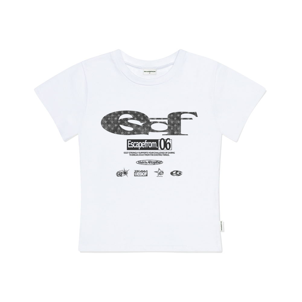 E251STS025WH Escapefrom Star Denim ESCF Logo Collage Printed Slim Fit Short Sleeve White
