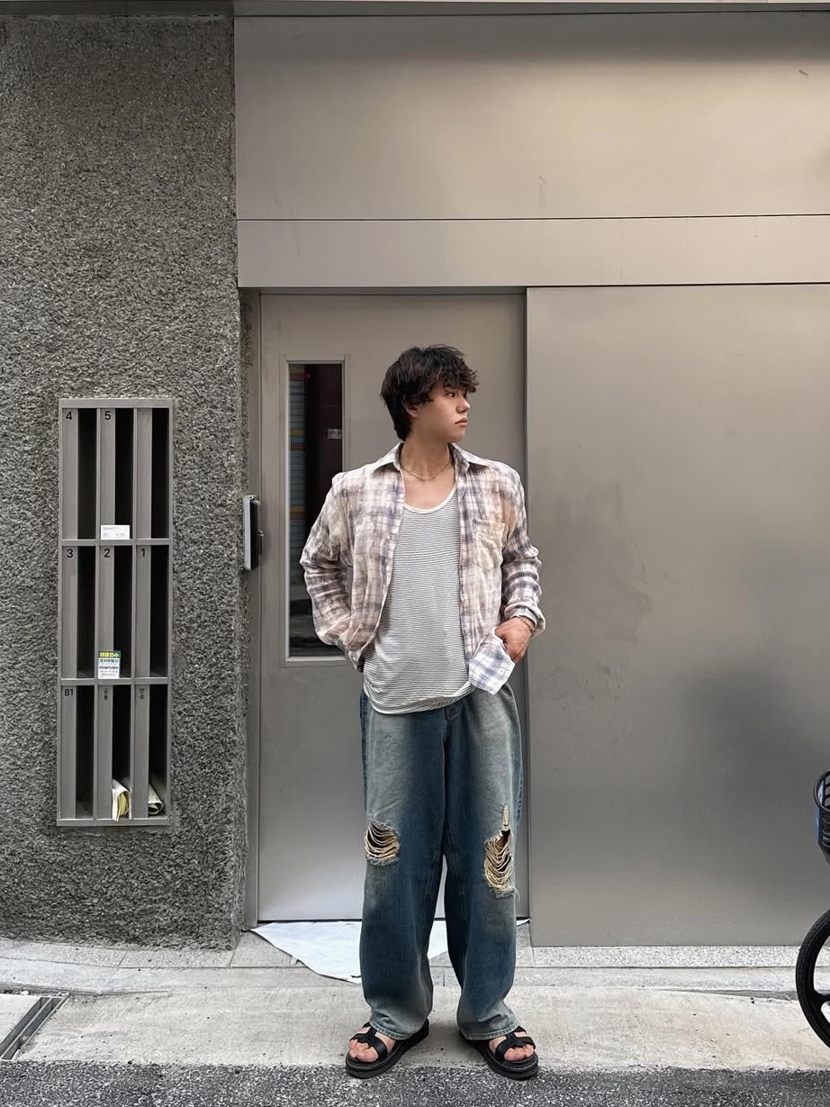 GRAILZ Bleached Plaid Summer Shirts Blue 착용 스타일 - 1
