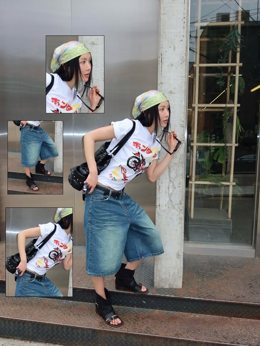 Honda Anime CT 125 Short Sleeve White, Honda Wing Logo Carpenter Bermuda Pants Blue 착용 스타일 - 1