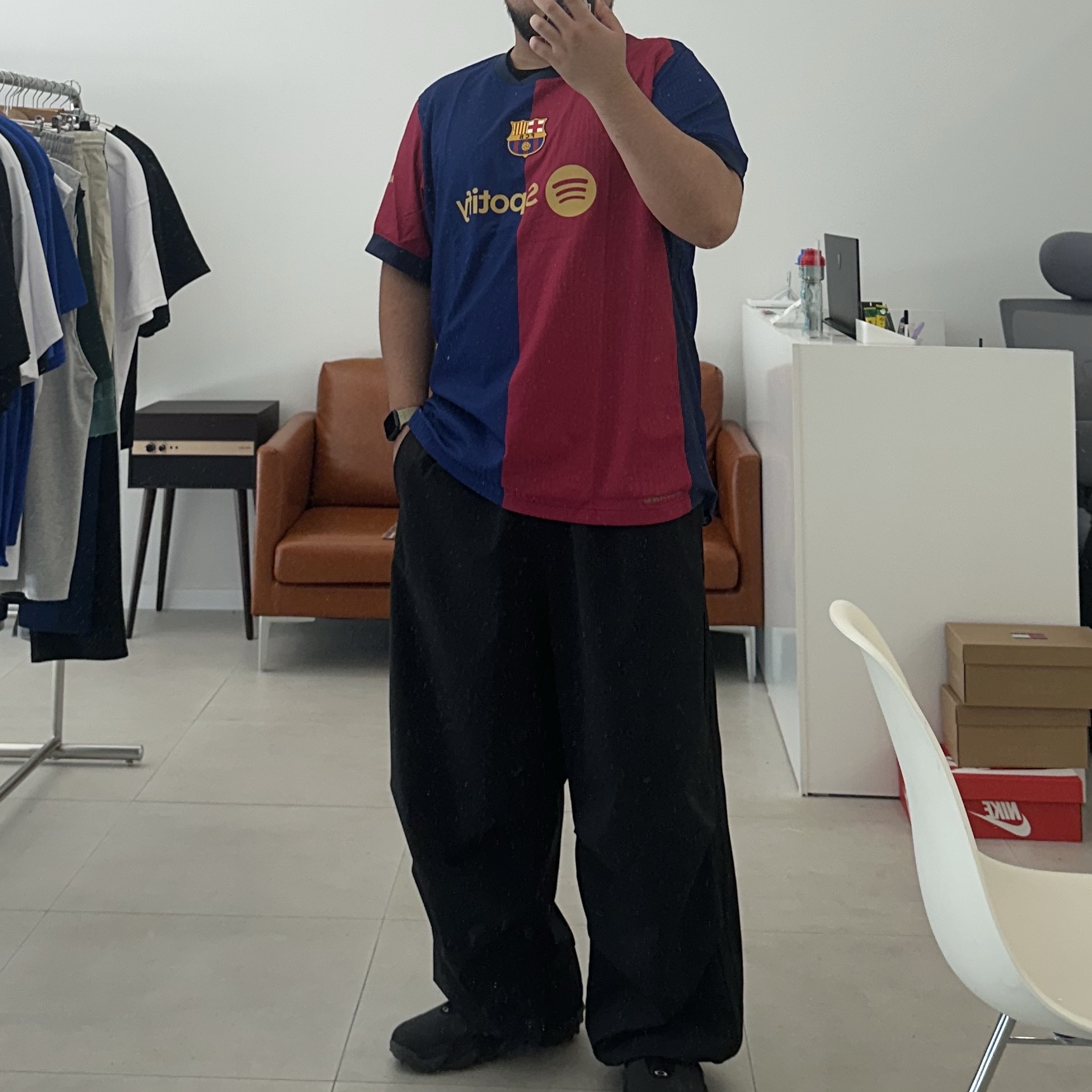Nike FC Barcelona 2024/25 Dri-Fit ADV Match Home Jersey Deep Royal Blue Noble Red (Non Marking Ver.), Adidas Parachute Pants Black - KR Sizing 착용 스타일