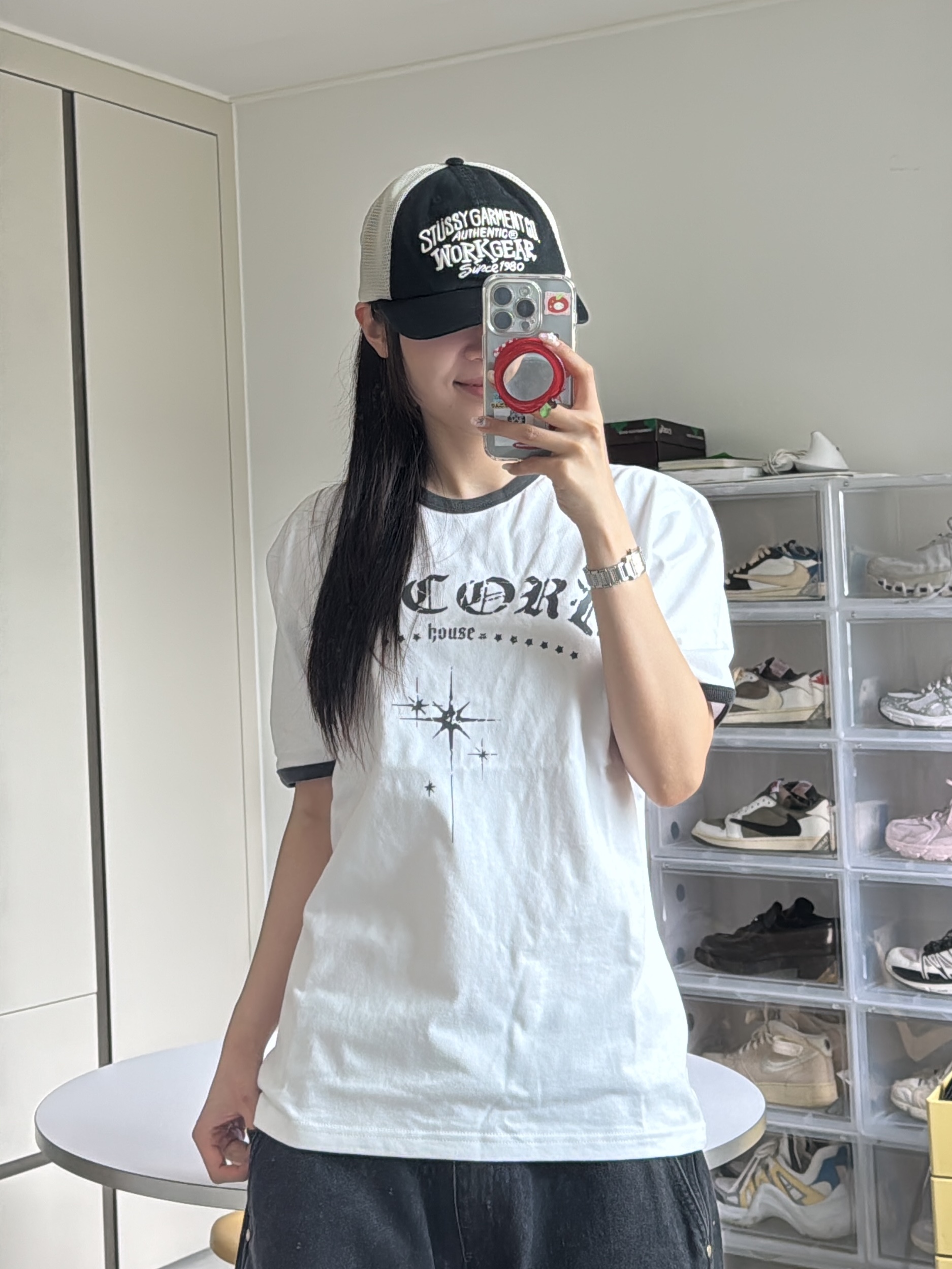 Stussy Low Profile Workgear Strapback Black, SLOW RECORD HOUSE Unisex RECORD Ringer Tee White 착용 스타일