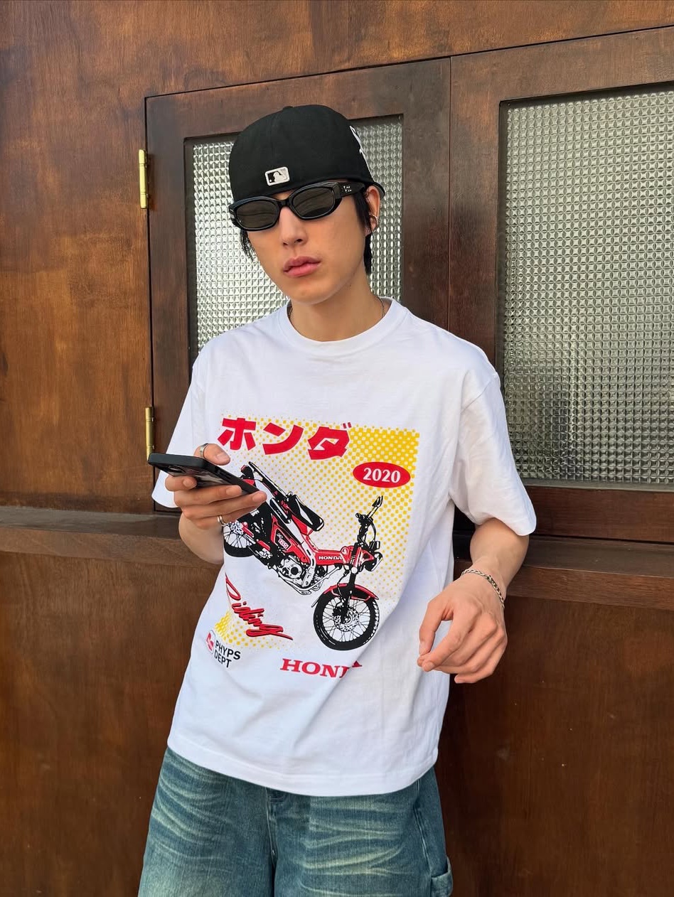 Honda Anime CT 125 Short Sleeve White, Honda Wing Logo Carpenter Bermuda Pants Blue 착용 스타일 - 1