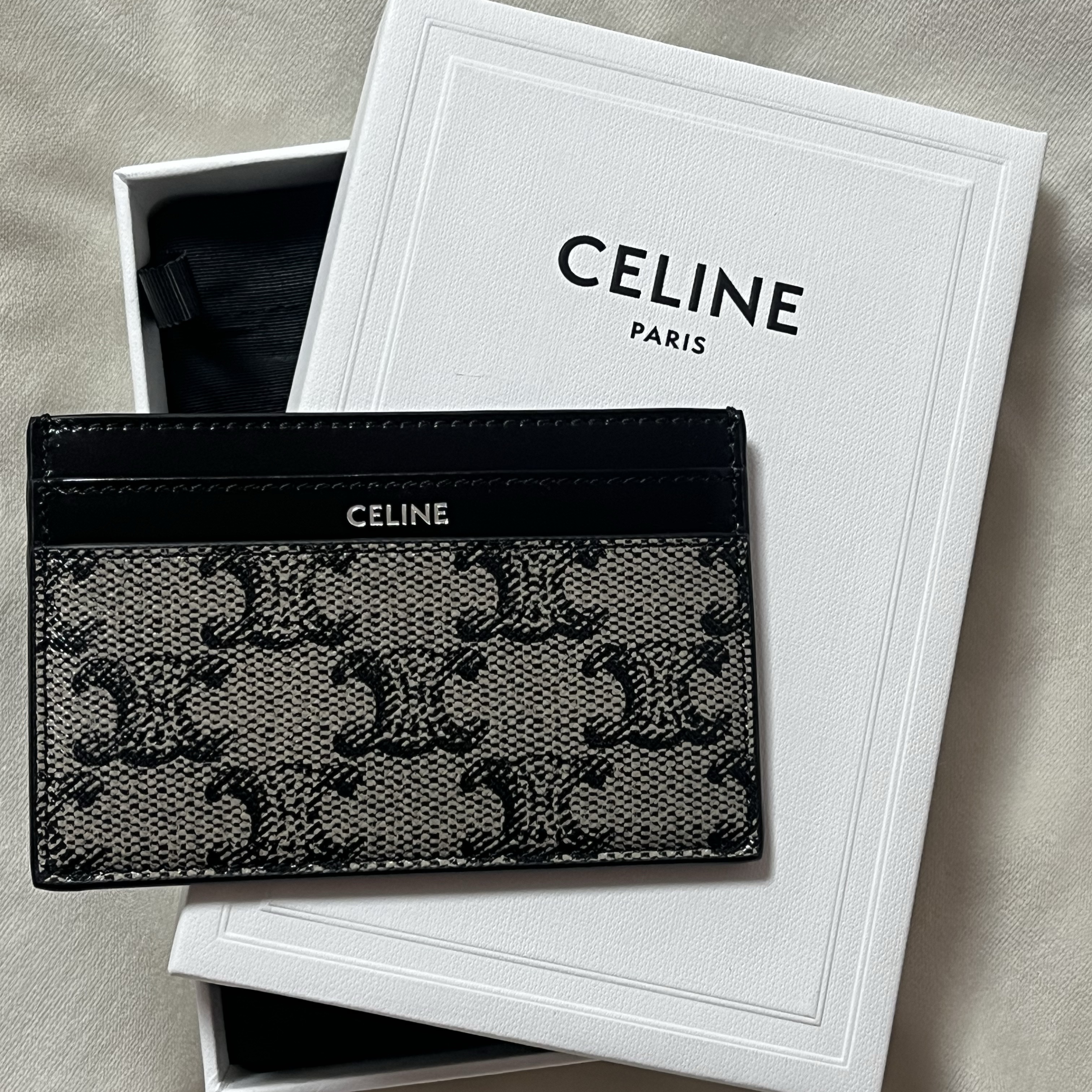 Celine Medium Card Holder in Triomphe Canvas and Calfskin Beige 착용 스타일