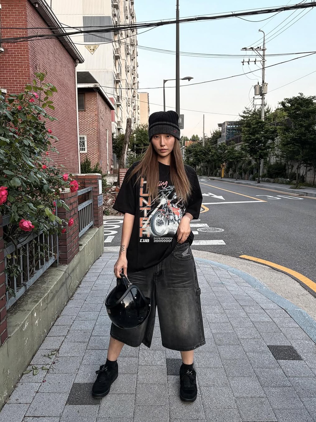 Honda Lighting Hunter Cub Short Sleeve Black, Honda Wing Logo Carpenter Bermuda Pants Charcoal 착용 스타일 - 1