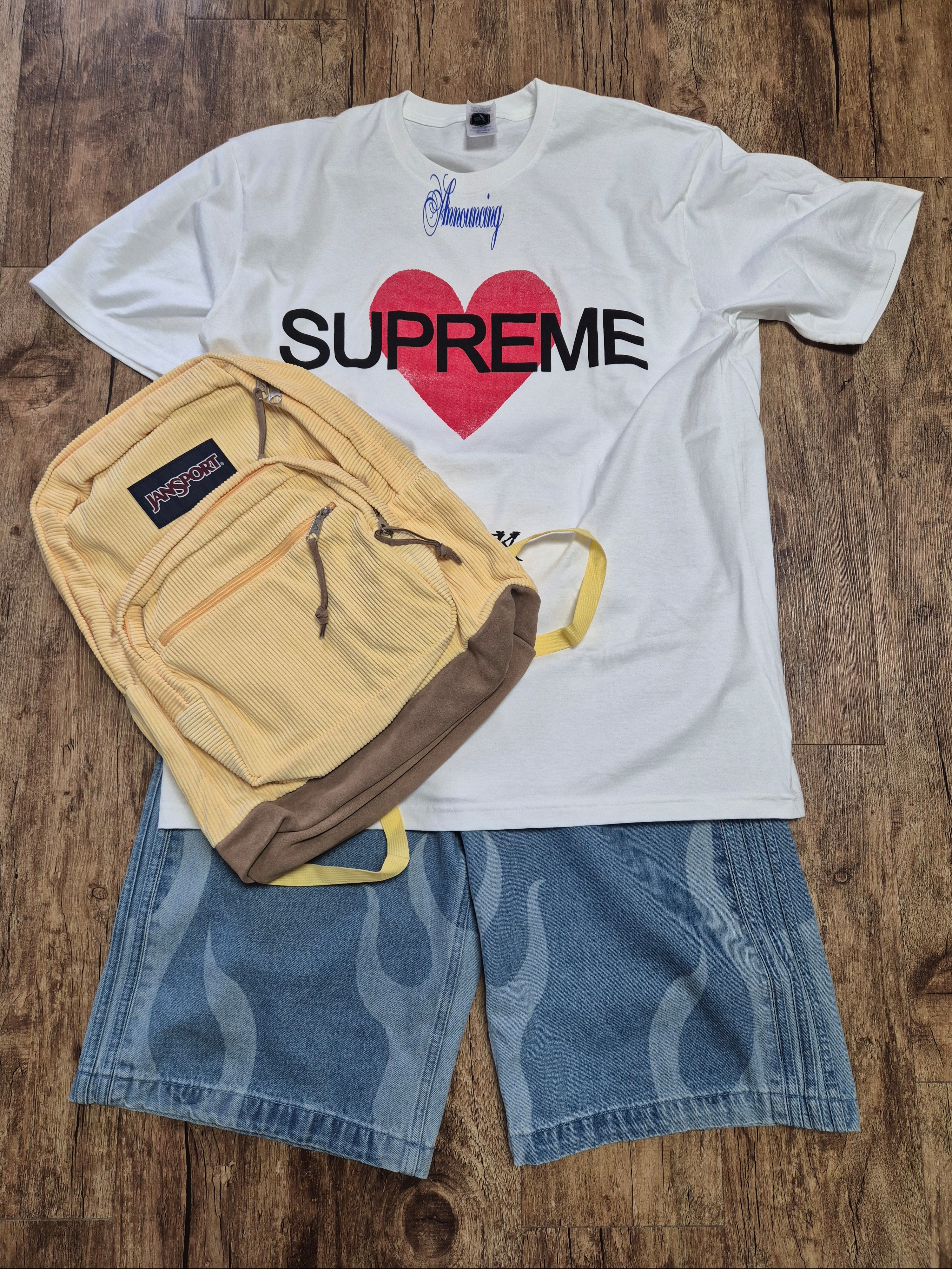 Supreme Announcing T-Shirt White - 25SS, Adidas Flames Denim Shorts Blue - KR Sizing 착용 스타일 - 6