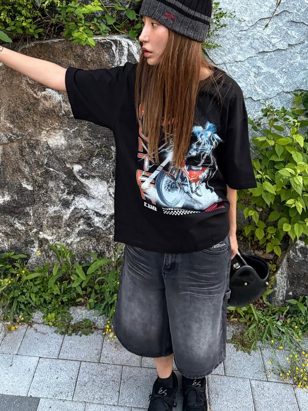 Honda Lighting Hunter Cub Short Sleeve Black, Honda Wing Logo Carpenter Bermuda Pants Charcoal 착용 스타일 - 2