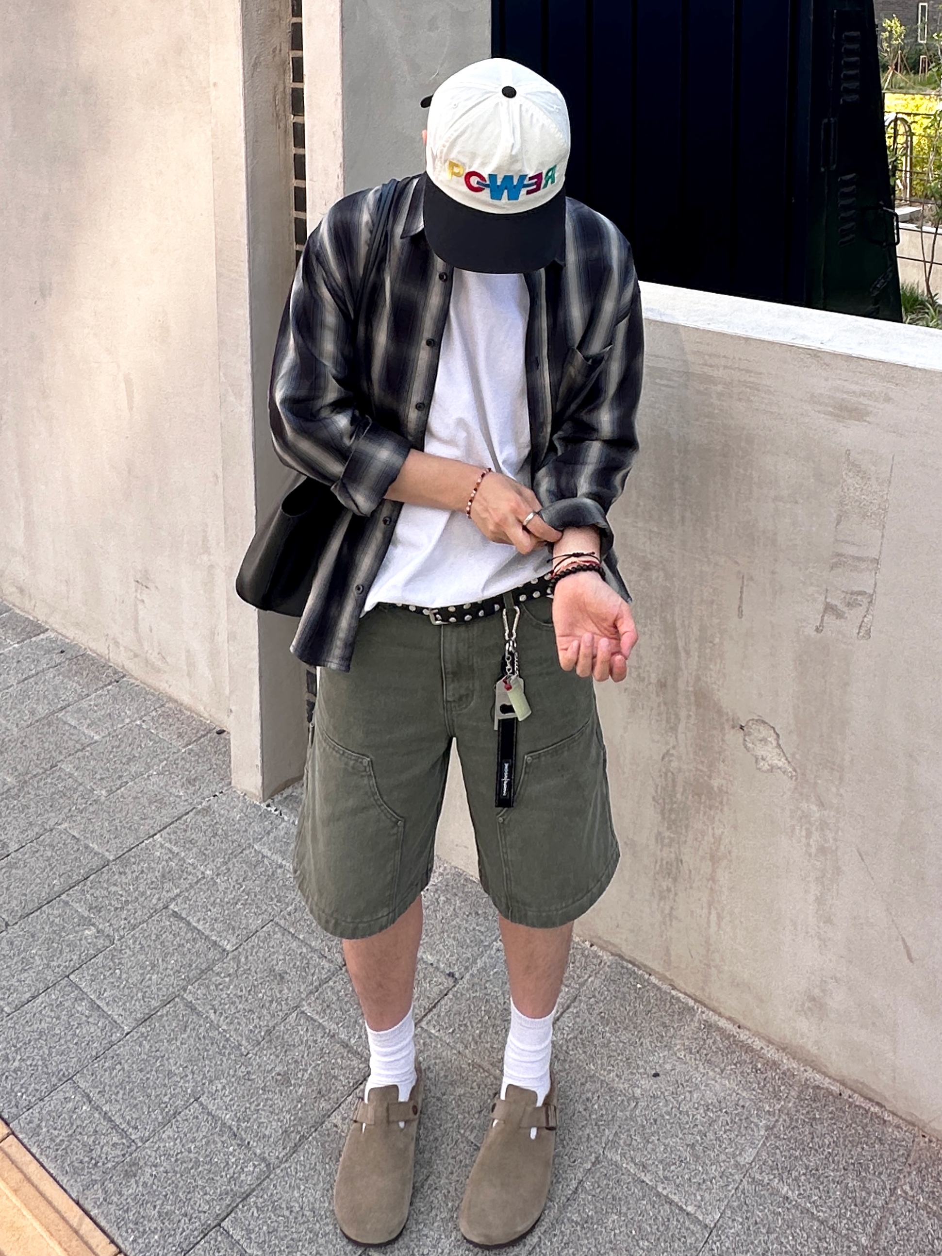 G-DRAGON Power Ball Cap White, Permanent Archive Ombre Checkered Shirt Dark Green 착용 스타일 - 1