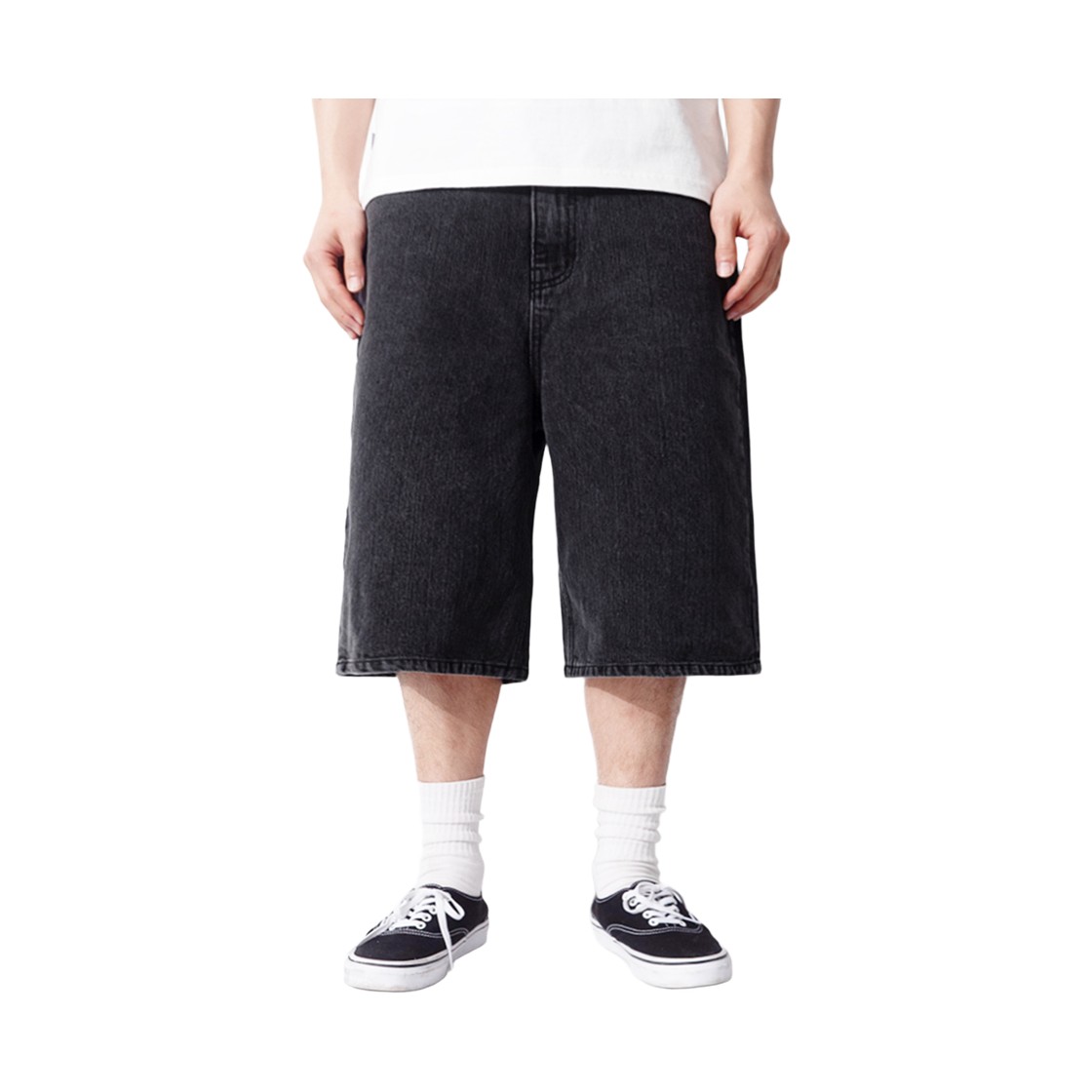 Q5MMST005BLK QT8 GARMENTS Chain Denim Wide Bermuda Shorts Black - #3
