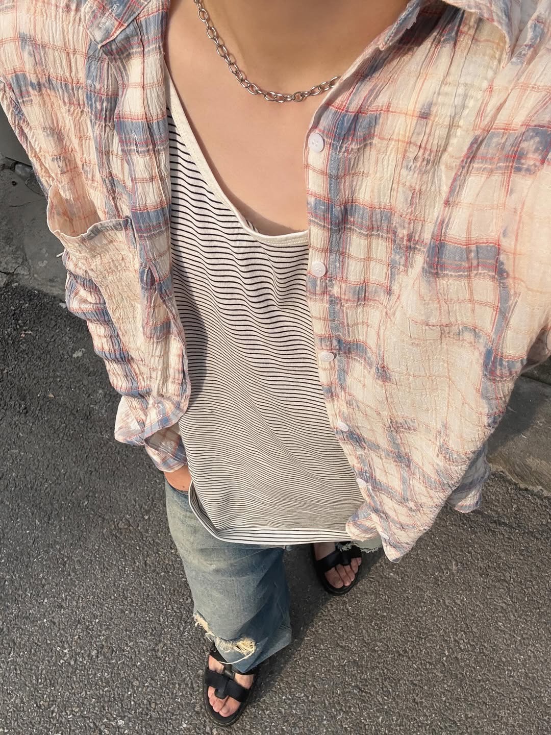 GRAILZ Bleached Plaid Summer Shirts Blue 착용 스타일 - 3