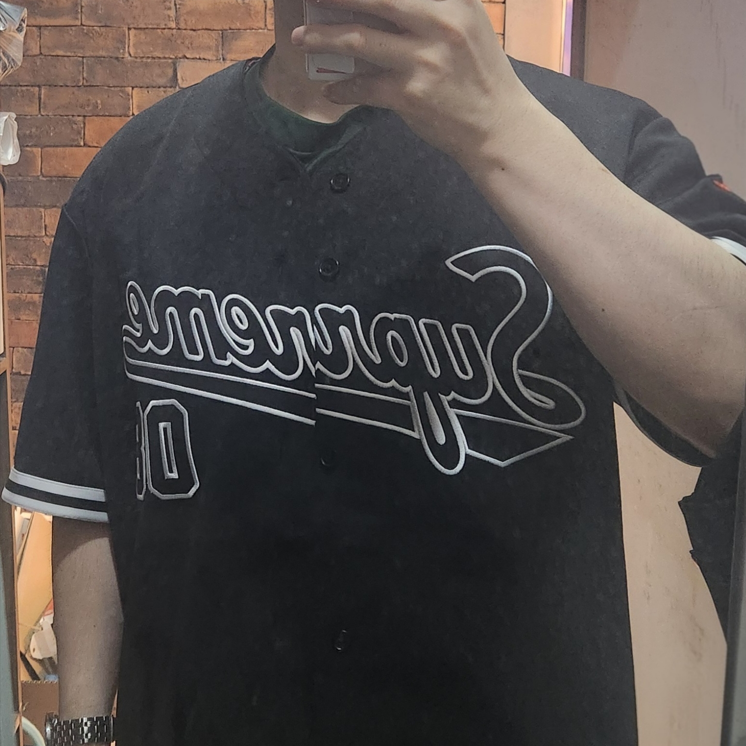 Supreme Mitchell & Ness Downtown Hell Baseball Jersey Black - 23FW 착용 스타일