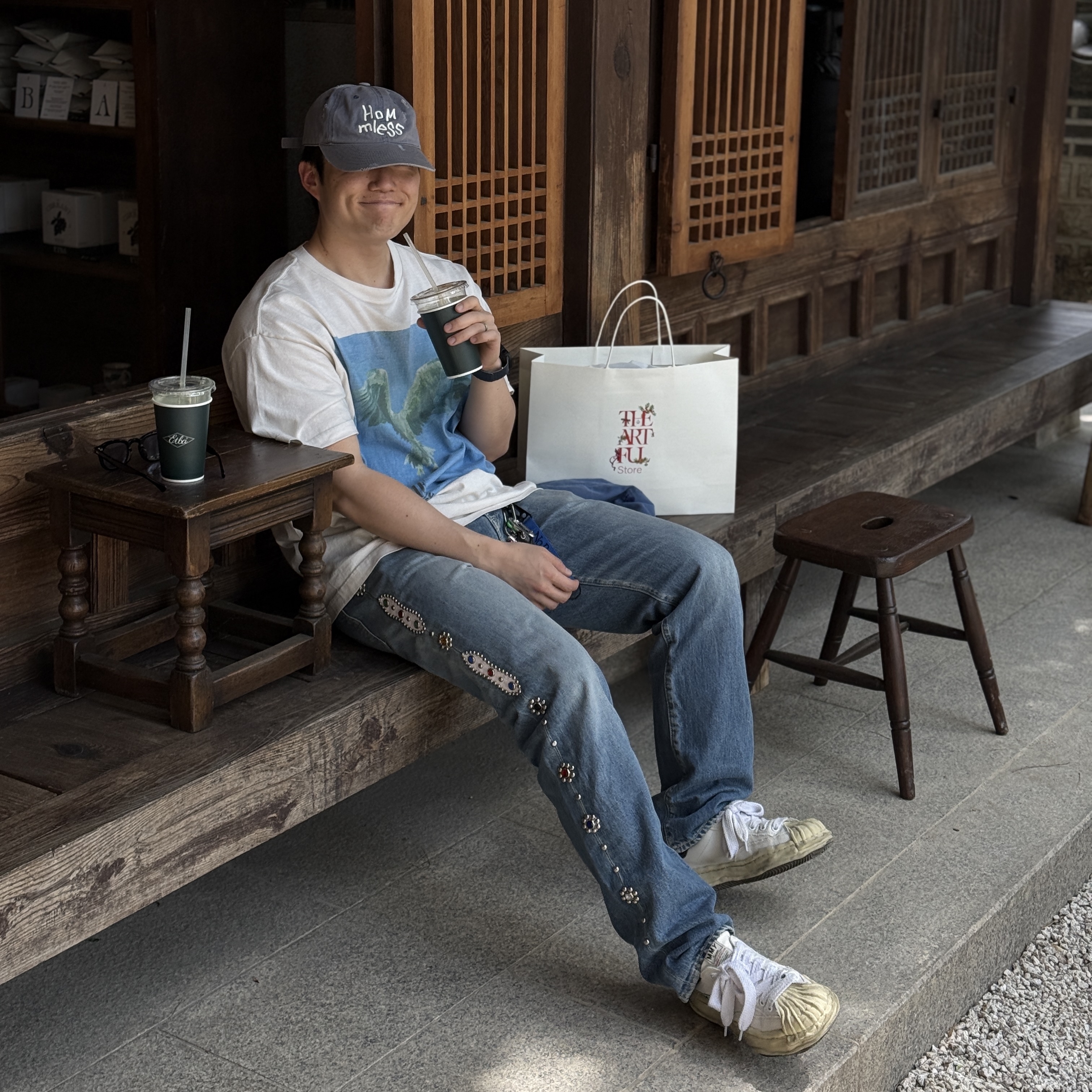 Kapital 14 oz. Denim 5P Monkey Cisco Gemstone Pants Indigo (Processing), Saint Mxxxxxx x For Someone Consume FS S/S T-Shirt White - 23AW 착용 스타일 - 2