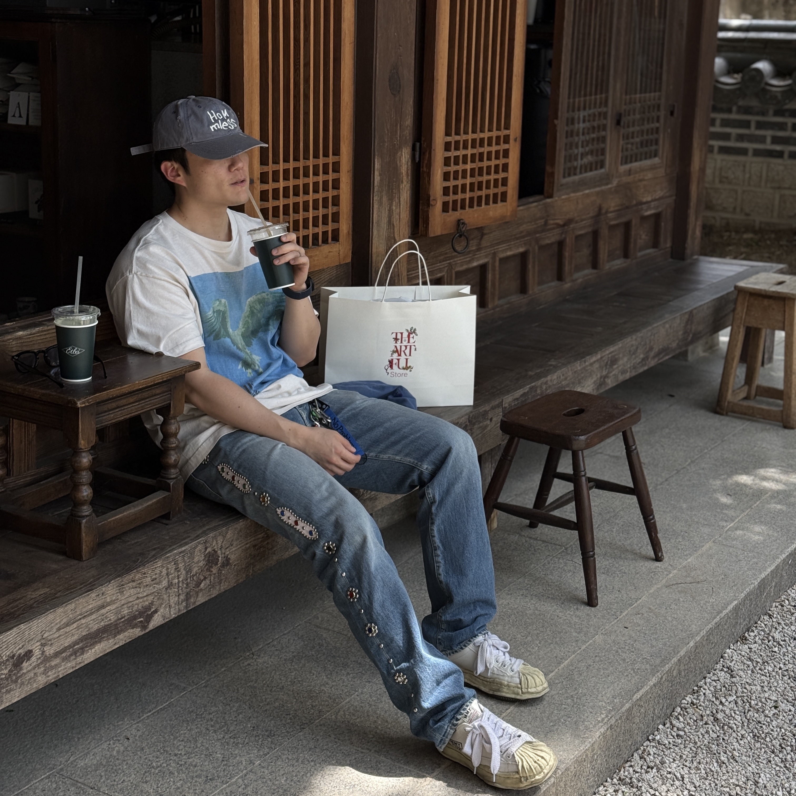 Kapital 14 oz. Denim 5P Monkey Cisco Gemstone Pants Indigo (Processing), Saint Mxxxxxx x For Someone Consume FS S/S T-Shirt White - 23AW 착용 스타일 - 1