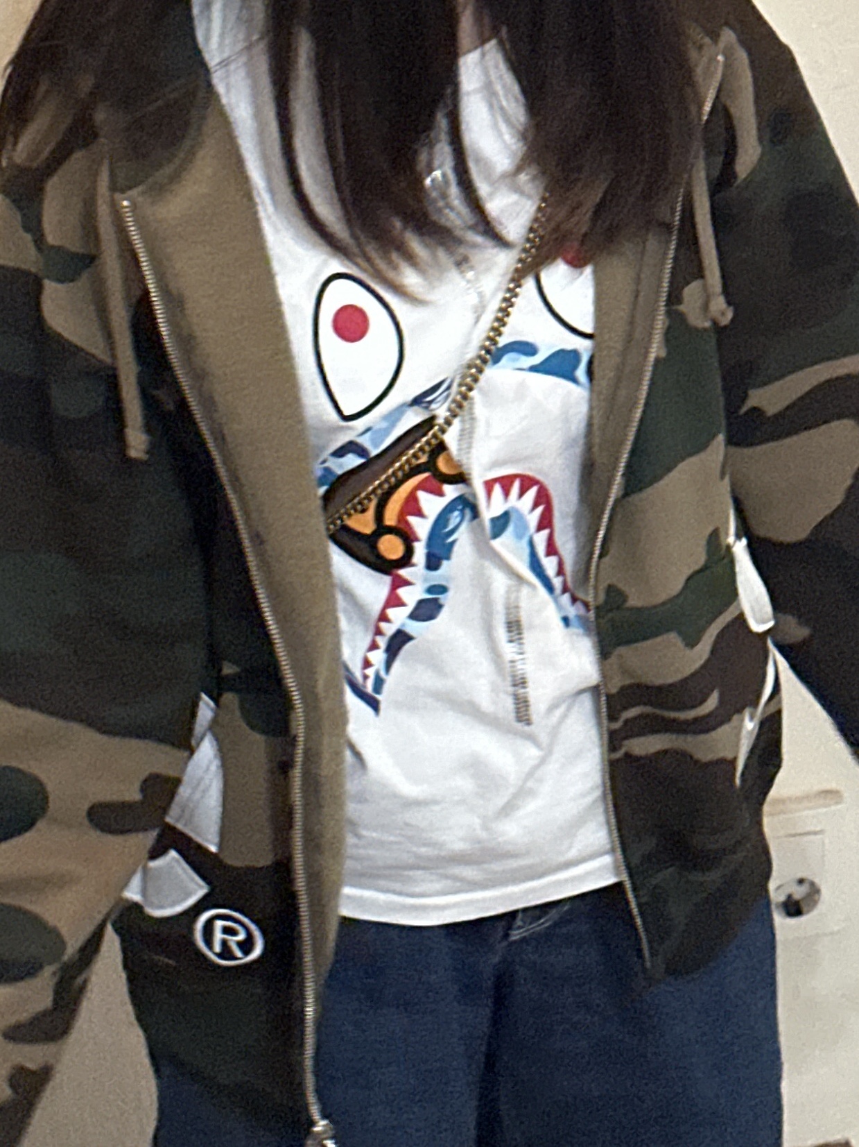 Supreme Big Logo Zip Up Hooded Sweatshirt Woodland Camo - 25SS, (W) BAPE Milo Shark T-Shirt White 착용 스타일 - 2