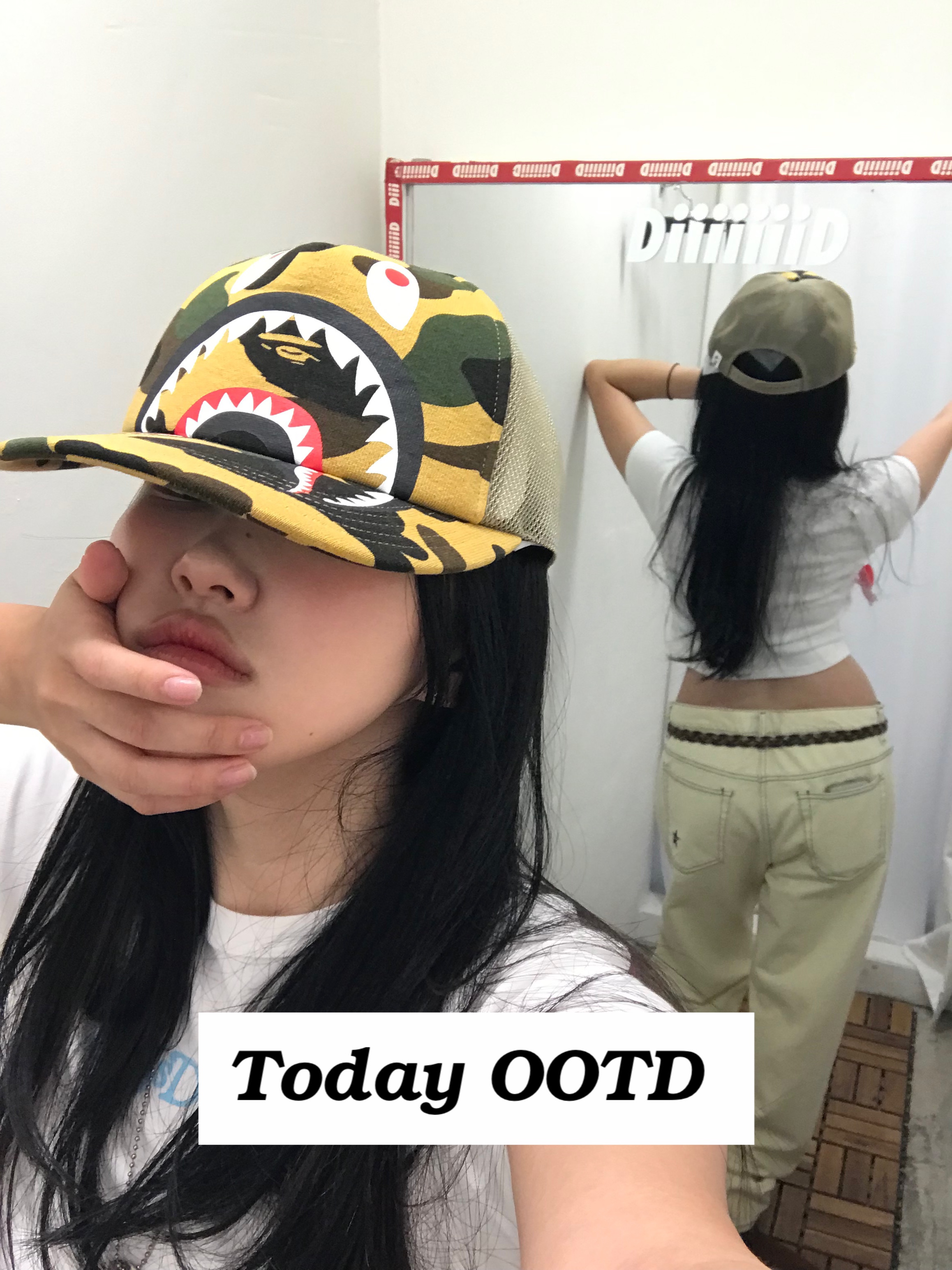 BAPE 1st Camo Shark Mesh Cap Yellow, Verdy Girls Don't Cry Wordmark Baby T-Shirt White 착용 스타일 - 2