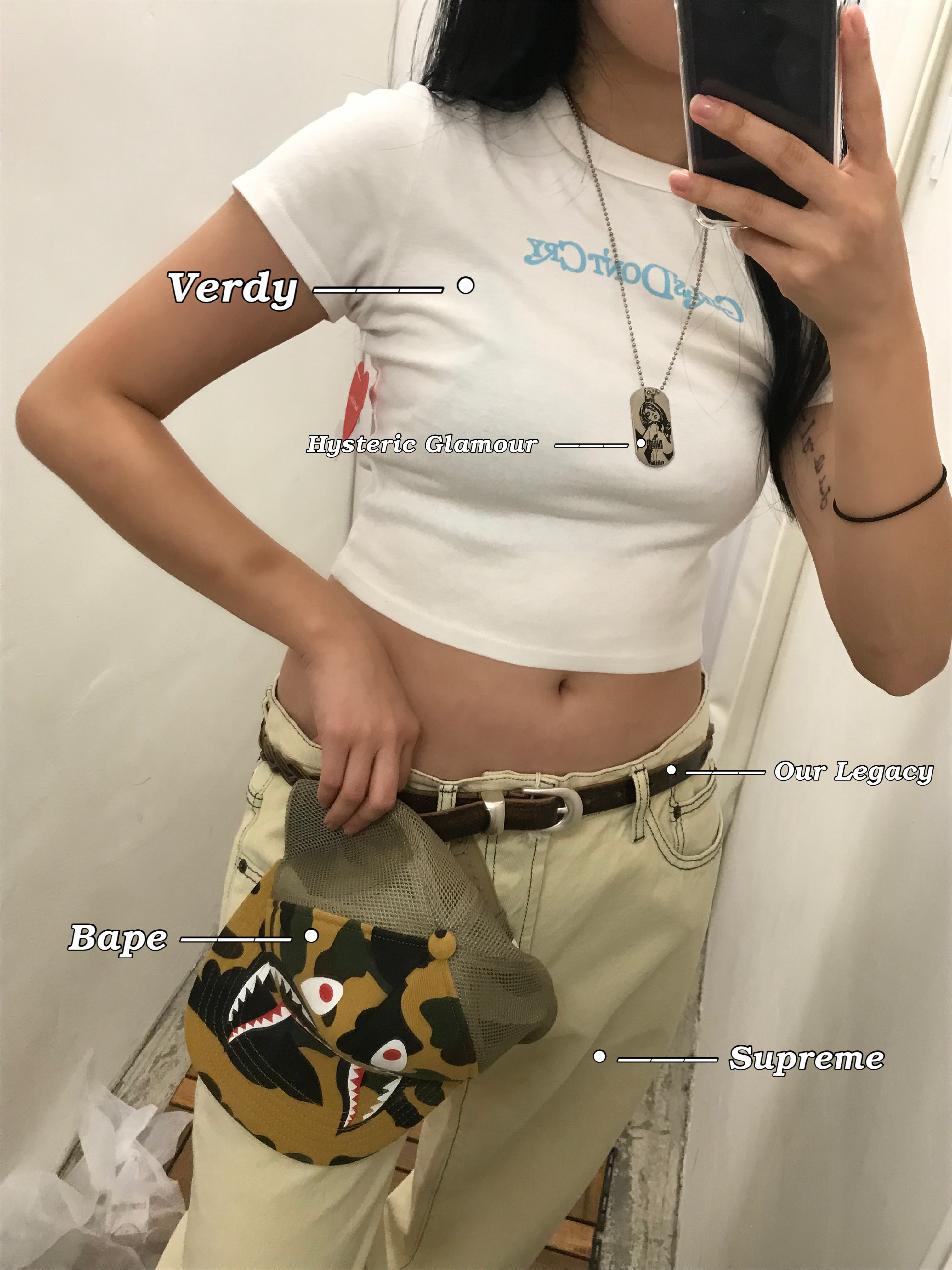 BAPE 1st Camo Shark Mesh Cap Yellow, Verdy Girls Don't Cry Wordmark Baby T-Shirt White 착용 스타일 - 3