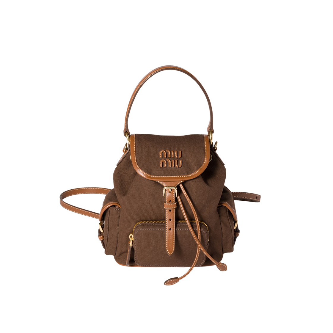 5BZ043-2IBQ-F04KB Miu Miu Canvas and Leather Backpack Cocoa Brown Brandy