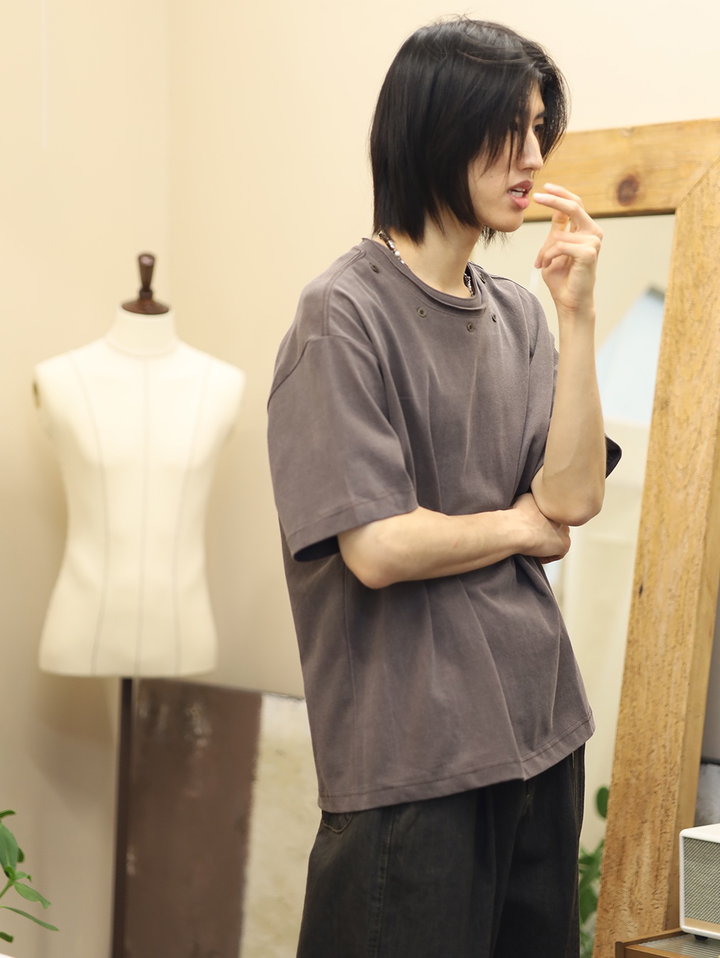 NA A NANA Button Detachable T-Shirt Purpel Brown 착용 스타일 - 1