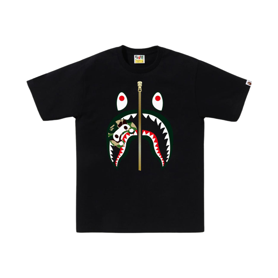 베이프 ABC 카모 마일로 샤크 티셔츠 블랙 그린(BAPE ABC Camo Milo Shark T-Shirt Black Green)