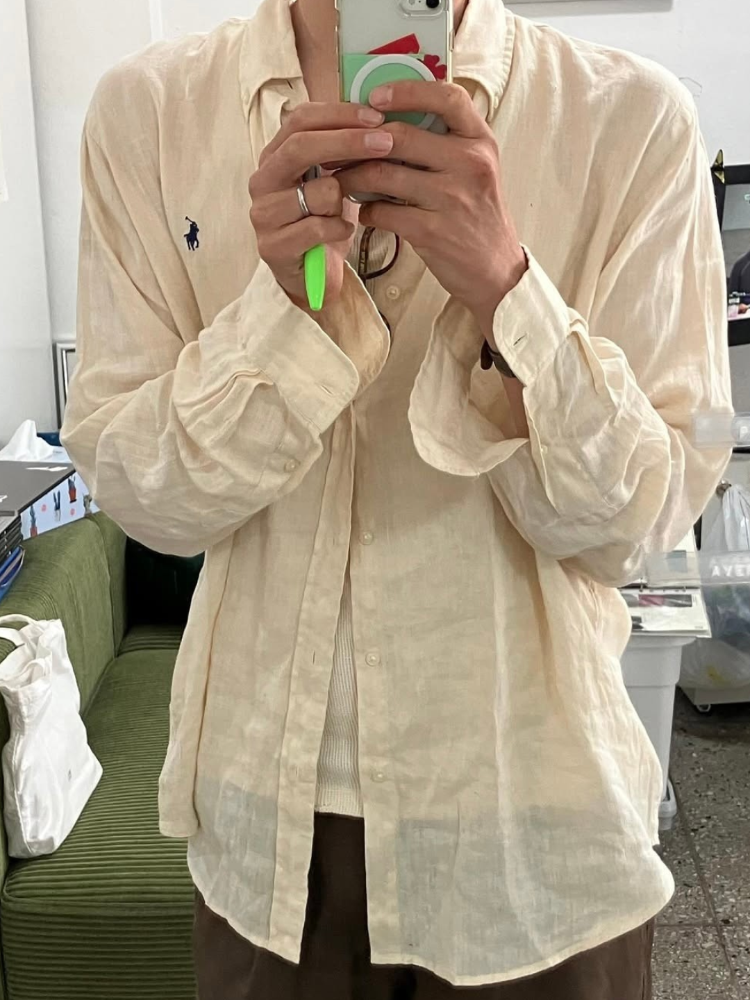 C.P. Company Linen Pocket Shirt Green Bay - 24SS, Kapital Linen Chino Cross X Gabber Ringoman Coverall Khaki 착용 스타일 - 6