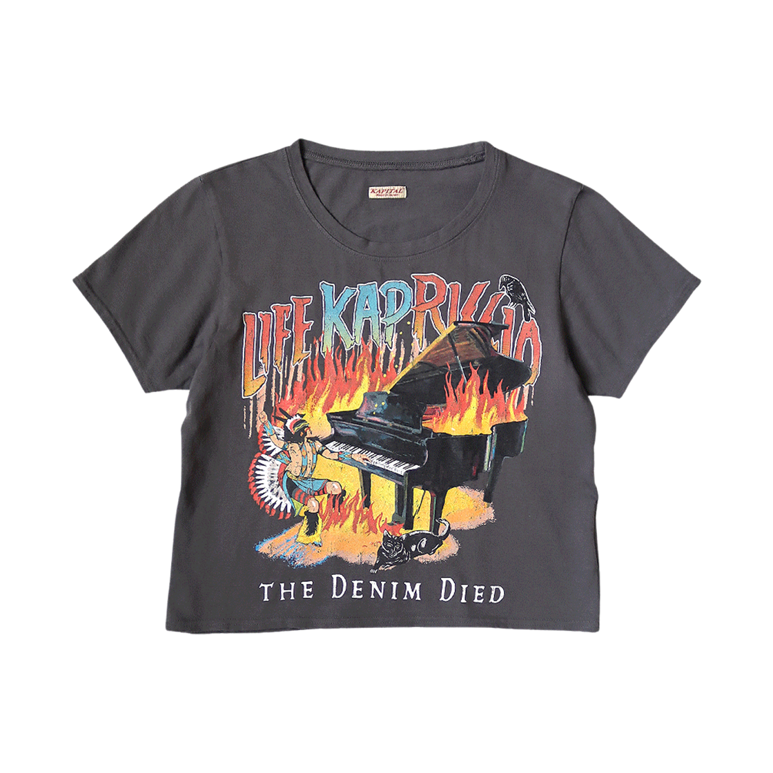 (W) 캐피탈 20 저지 피아노 Pt 크롭 티셔츠 버닝 잉크 블랙((W) Kapital 20 Jersey Piano Pt Cropped T-Shirt Burning Ink Black) - 1