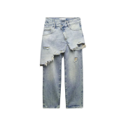 (W) Zara Asymmetrical Straight Leg Mid-Rise Jeans Faded Blue