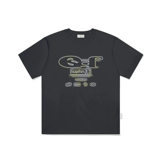 E251OTS196CG ESCAPEFROM  Gradient ESCF Logo Collage Print Overfit Short Sleeve T-Shirt Charcoal