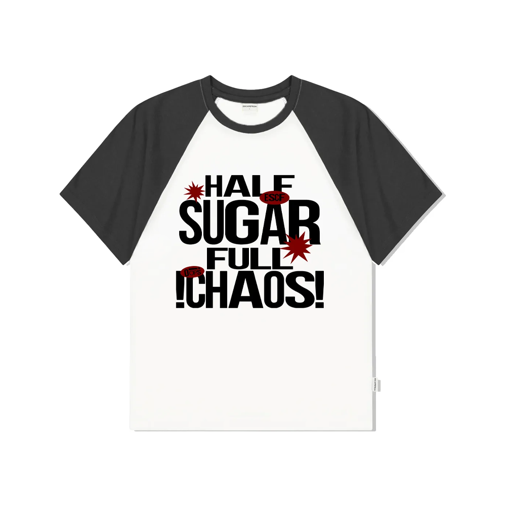 E251RTS023IC Escapefrom Half Sugar Full Chaos Print Raglan Color Block Short Sleeve T-Shirt Charcoal