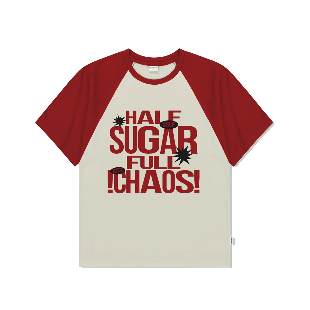 이스케이프프롬 하프 슈거 풀 카오스 프린트 래글런 배색 반팔티 레드(Escapefrom Half Sugar Full Chaos Print Raglan Color Block Short Sleeve T-Shirt Red) - 1