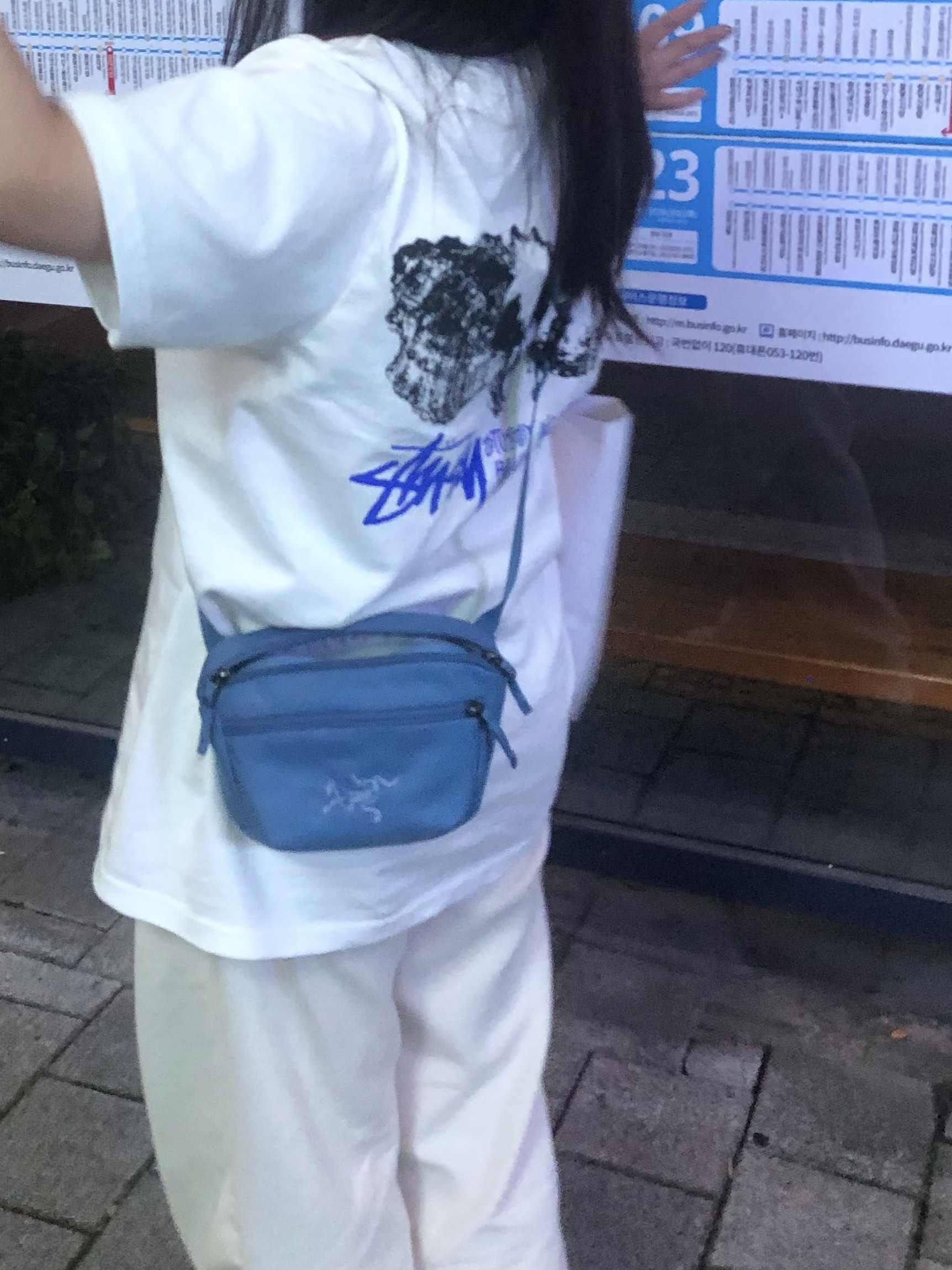 Stussy Shells T-Shirt White, Arc'teryx Mantis 1 Waistpack Stone Wash 착용 스타일