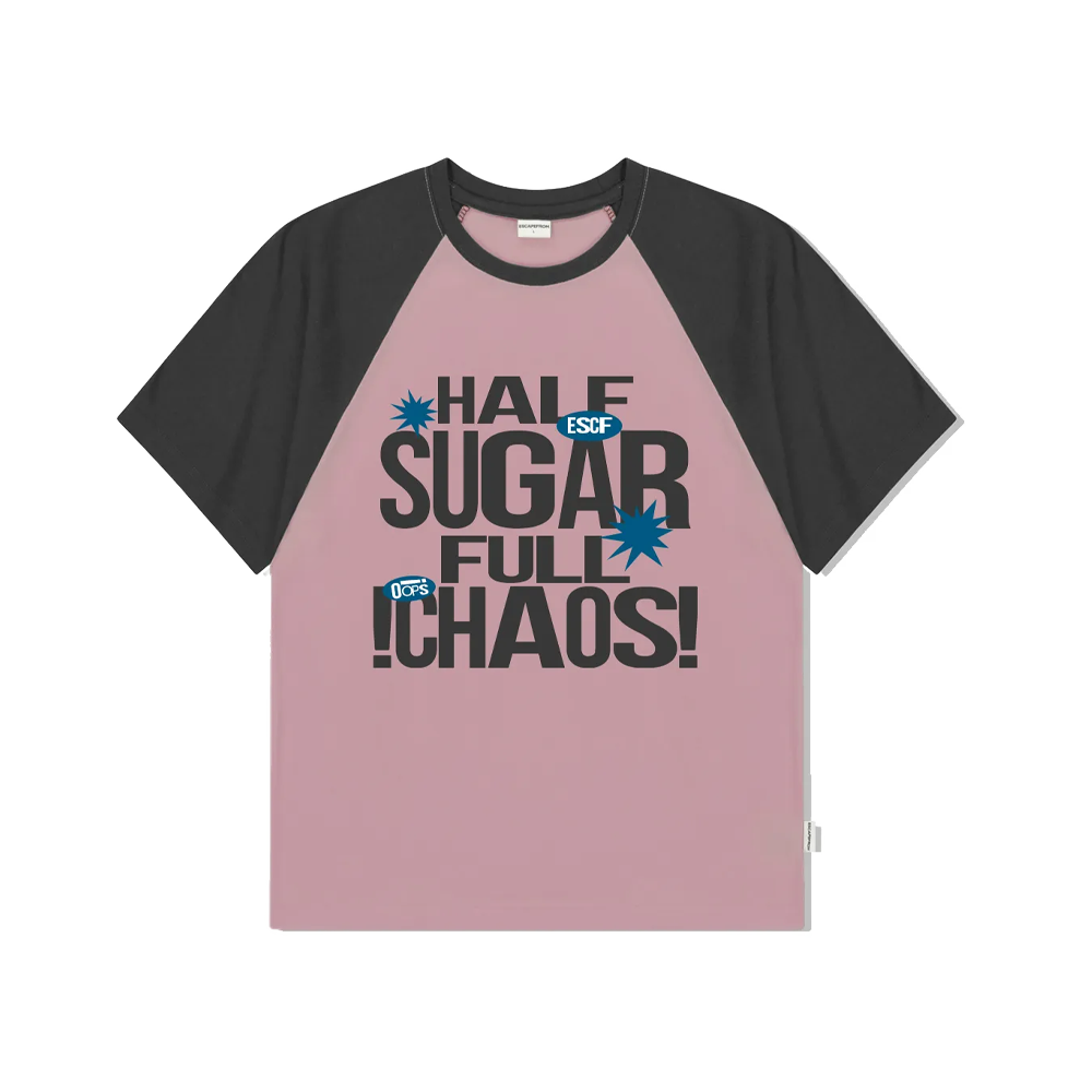 E251RTS026PC Escapefrom Half Sugar Full Chaos Print Raglan Color Block Short Sleeve T-Shirt Pink