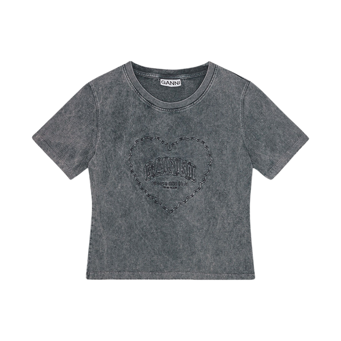 (W) 가니 워시드 하트 크롭 티셔츠 팬텀((W) Ganni Washed Heart Cropped T-Shirt Phantom) - 1