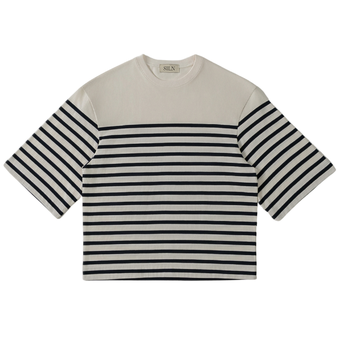 실른 플레어 7부 스트라이프 티셔츠 네이비(SLIN Flared Three-Quarter Sleeve Stripe T-Shirts Navy)