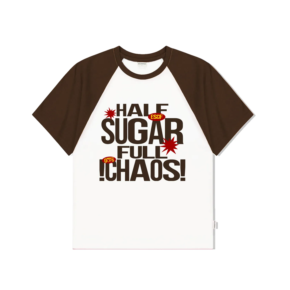 E251RTS024BW Escapefrom Half Sugar Full Chaos Print Raglan Color Block Short Sleeve T-Shirt Brown