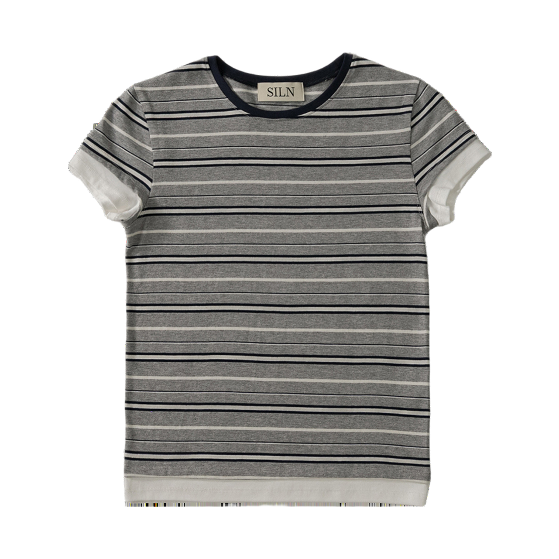 실른 더블 업 스트라이프 레이어드 티셔츠 메란지 그레이(SLIN Double Up Striped Layered T-Shirts Melange Grey)