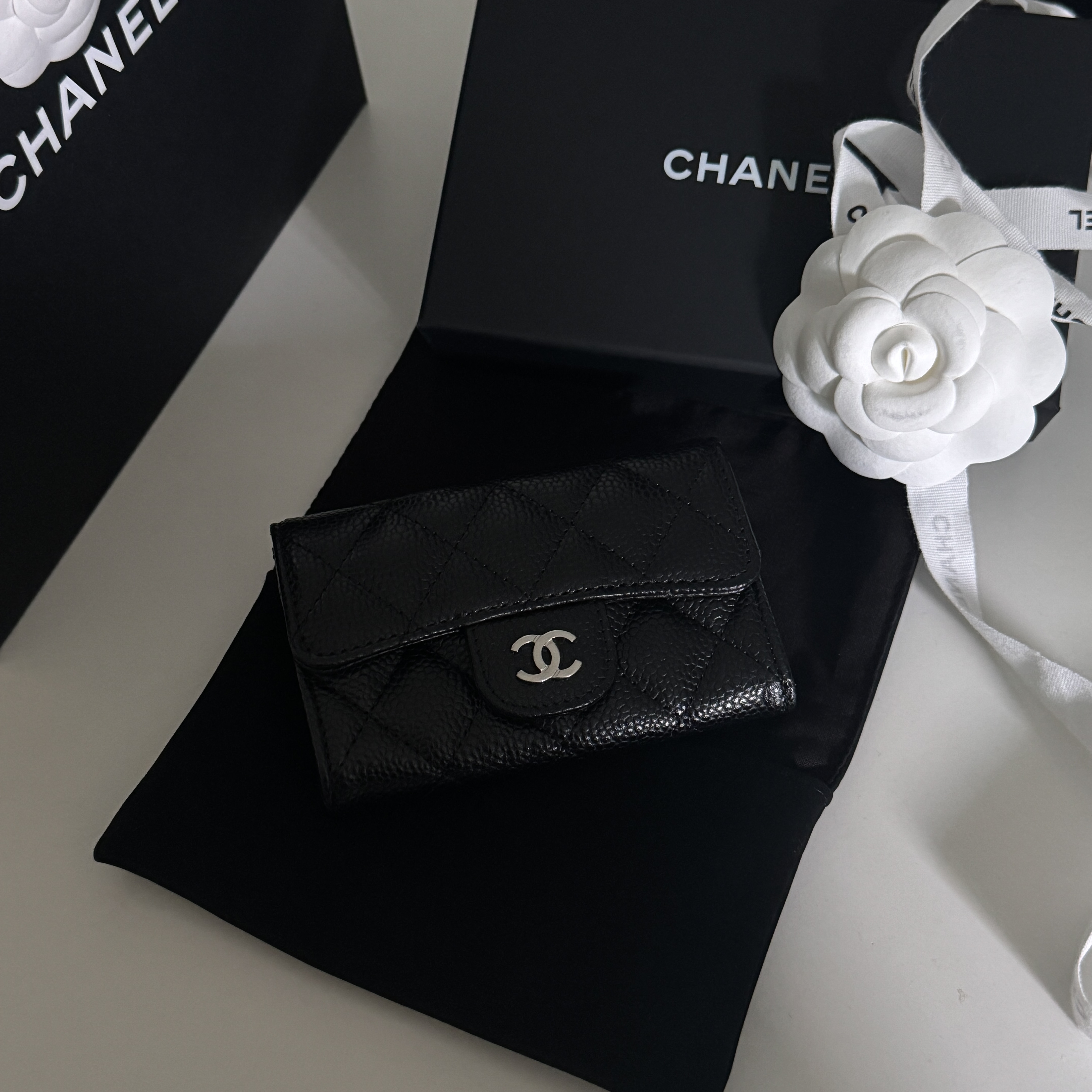 Chanel Classic Card Holder Grained Calfskin & Silver Black 착용 스타일