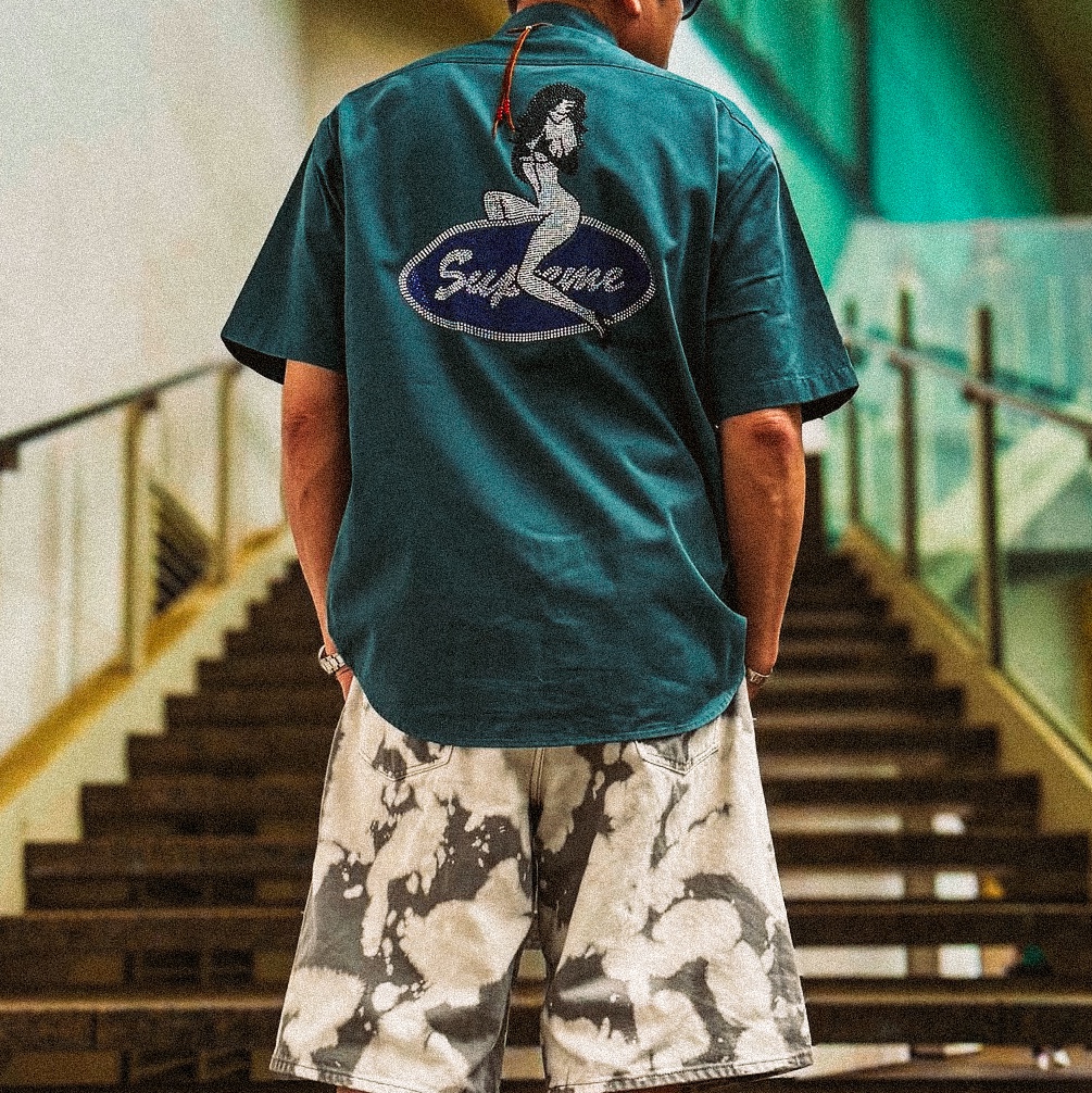 Supreme Rhinestone Pin Up S/S Work Shirt Work Green - 25SS 착용 스타일 - 1