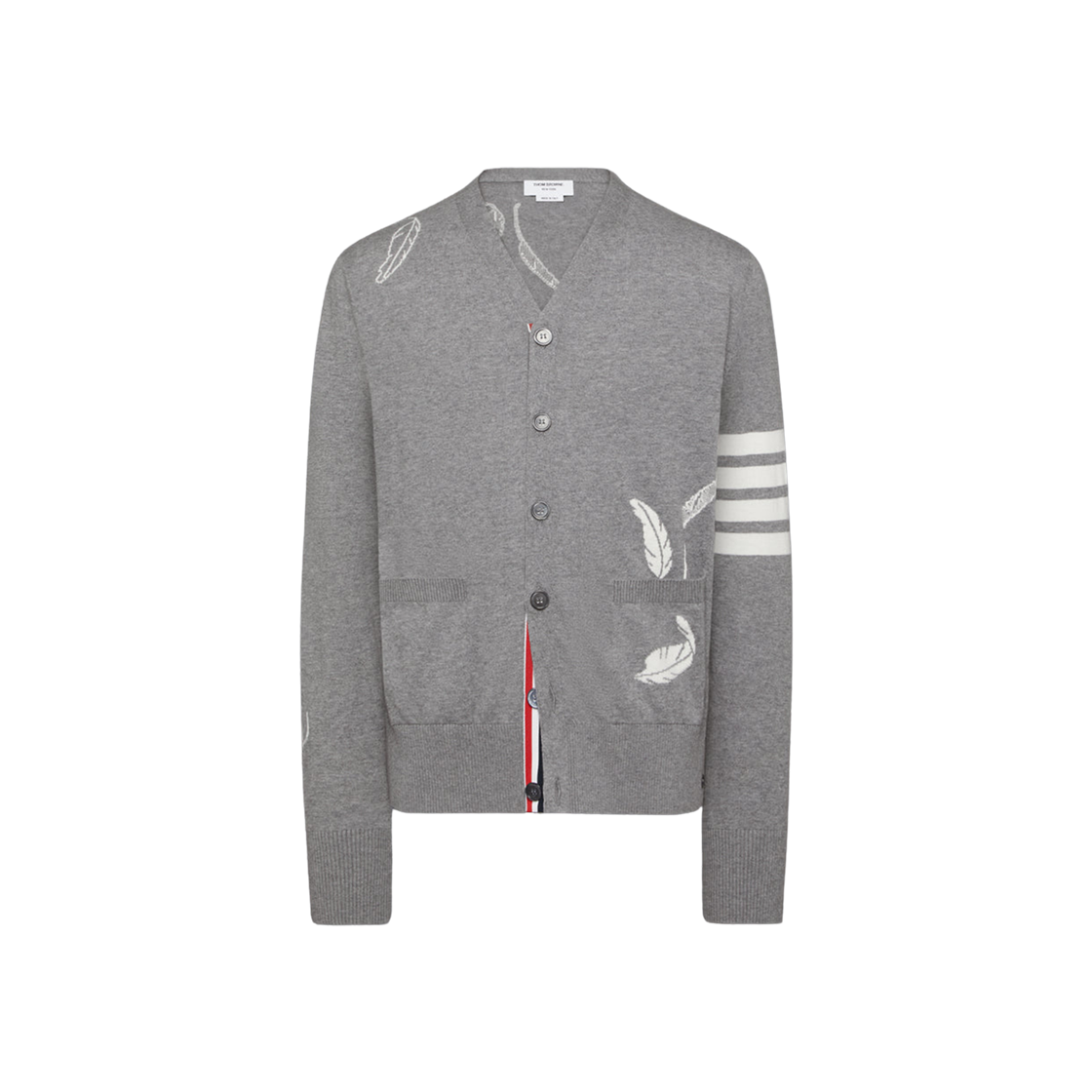 MKC594A-Y3039-055 Thom Browne Feather Intarsia 4-Bar Cardigan Light Grey