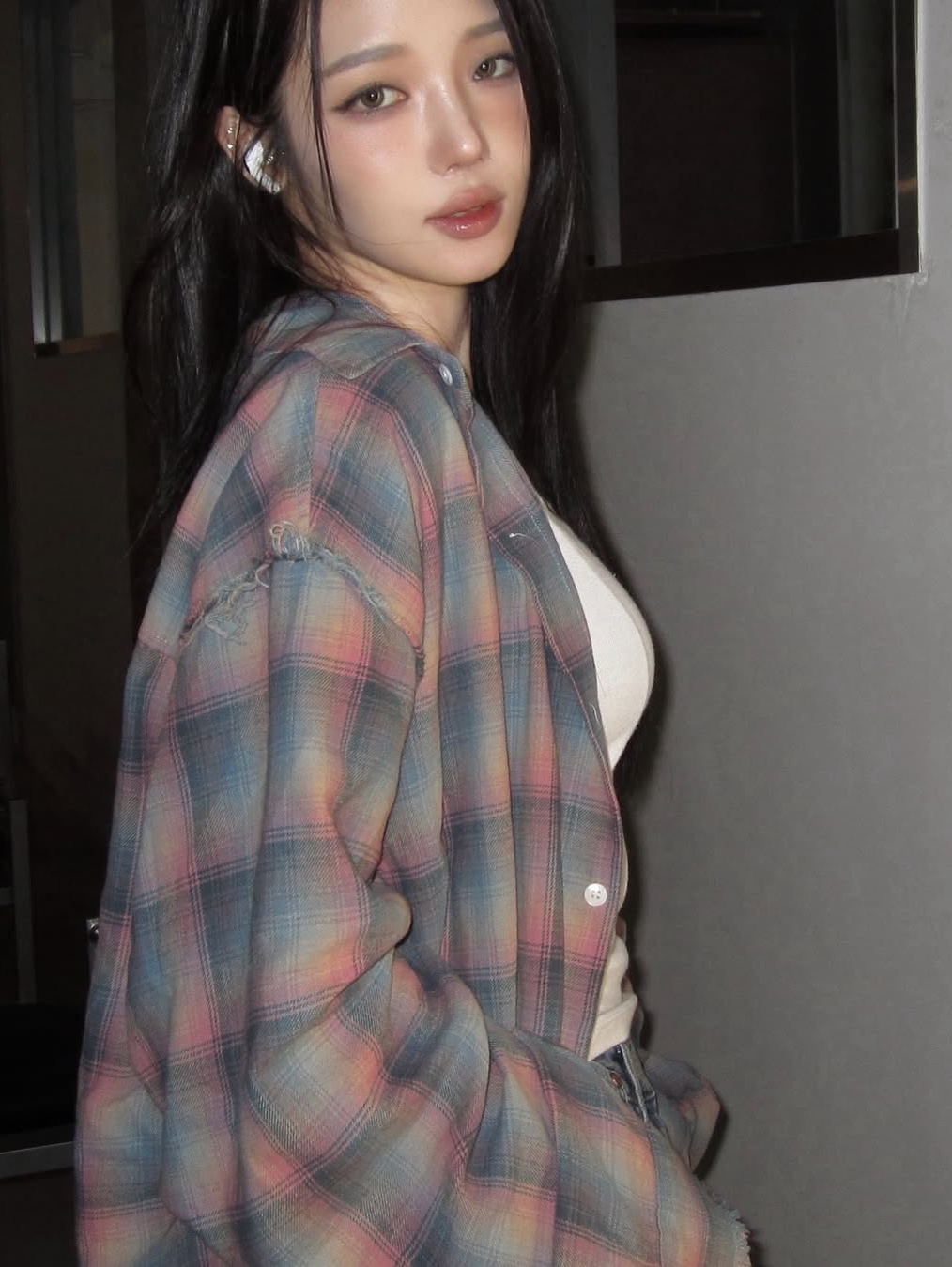 GRAILZ Distressed Check Shirts Mint Pink 착용 스타일 - 1