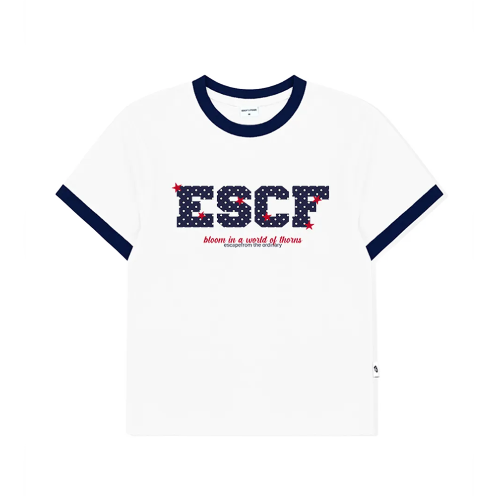 E251LTS019NV Escapefrom Dot Star Bloom Print Ringer Short Sleeve T-Shirt Navy
