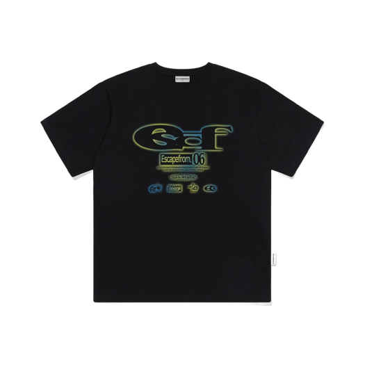 E251OTS197BK ESCAPEFROM Gradient ESCF Logo Collage Print Overfit Short Sleeve T-shirt Black